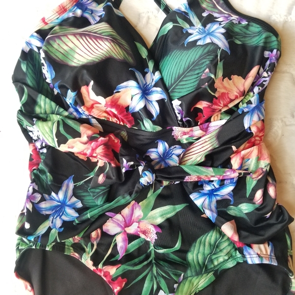 Aqua Green Tropical Floral One Piece Swimsuit - Picture 2 of 15